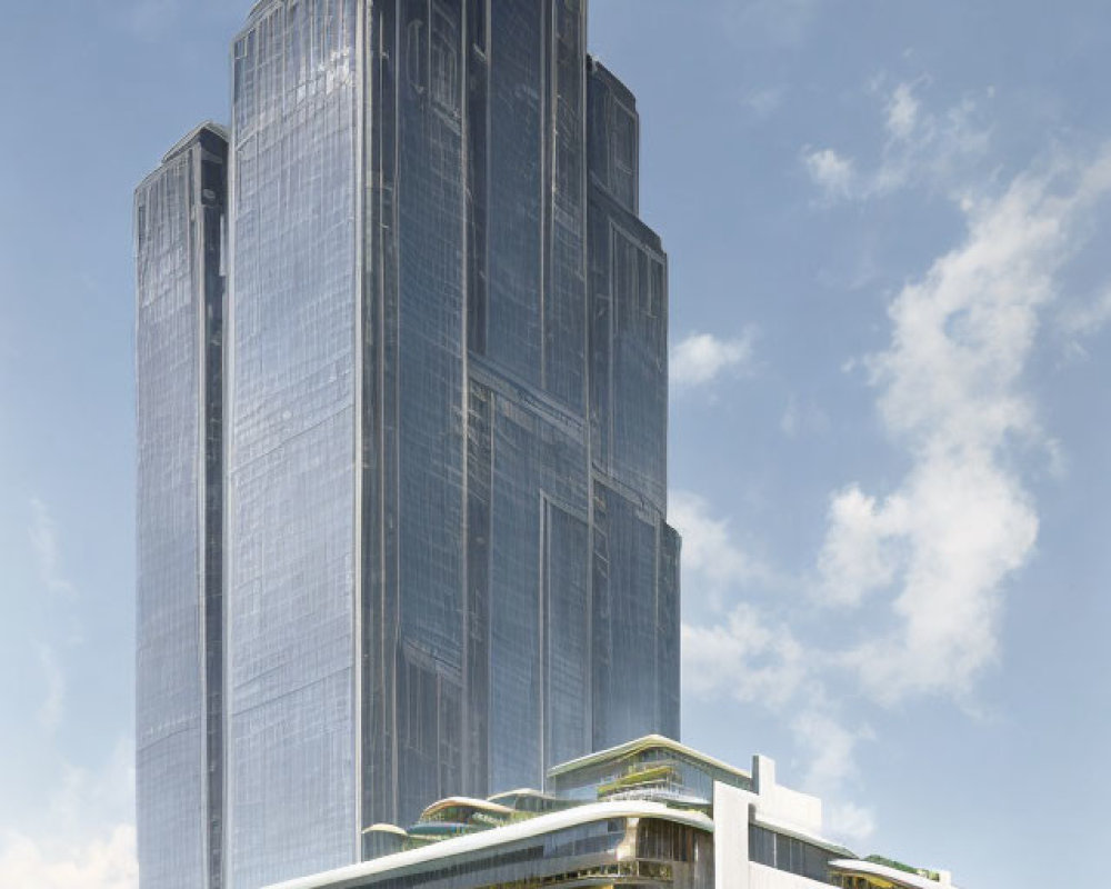 Modern skyscraper with glass facade and green terraces under blue sky