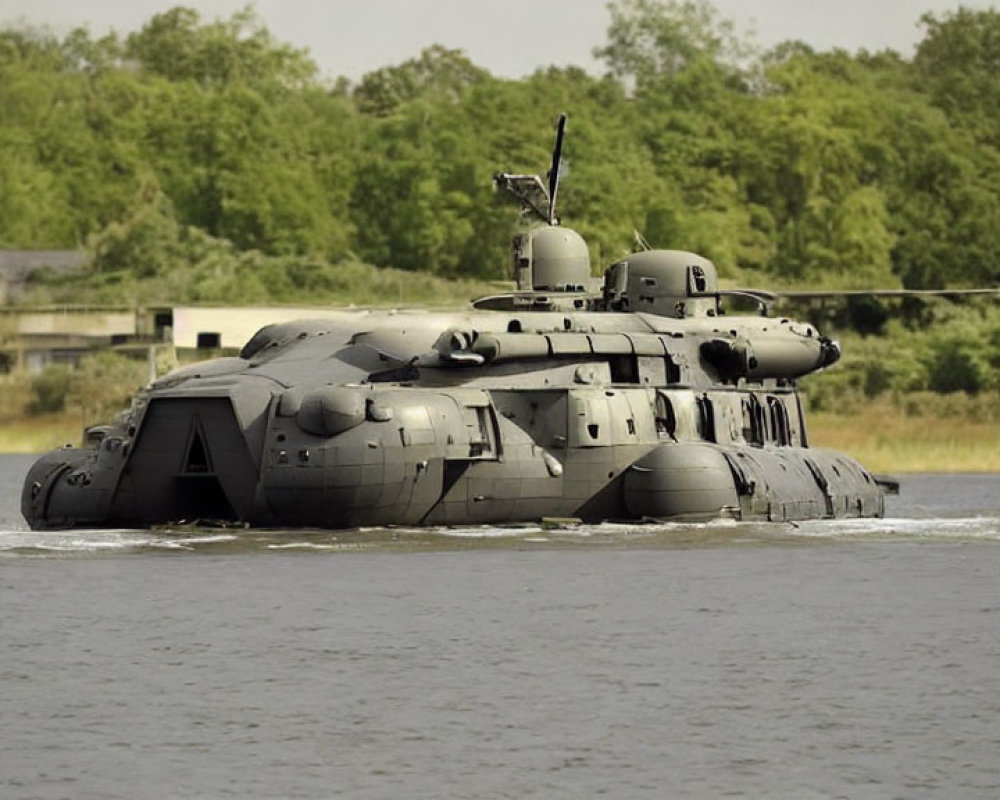 Gray Military Hovercraft with Mounted Structures on Water