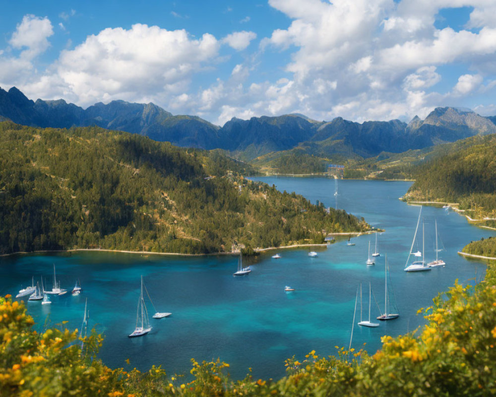 Tranquil blue lake with sailboats, forested hills, and cloudy sky