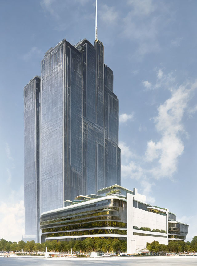 Modern skyscraper with glass facade and green terraces under blue sky