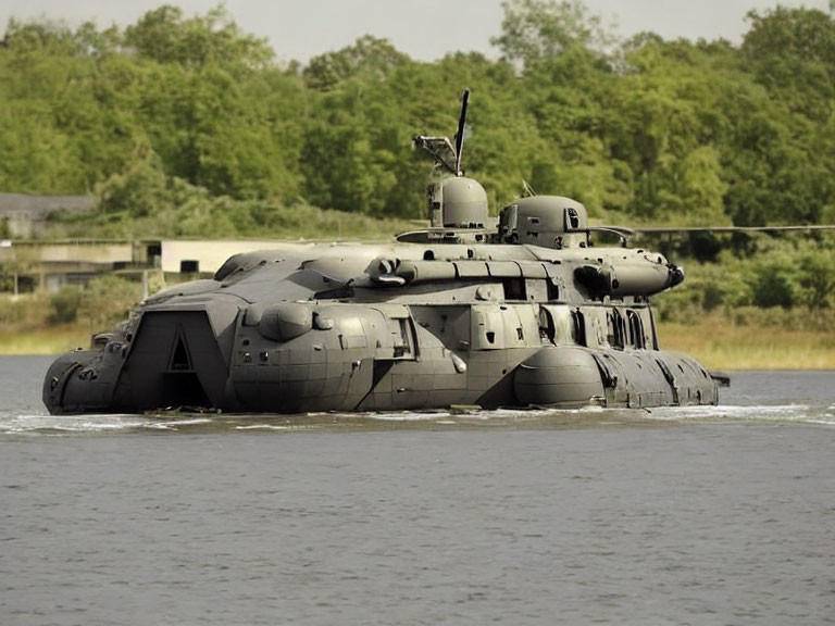 Gray Military Hovercraft with Mounted Structures on Water