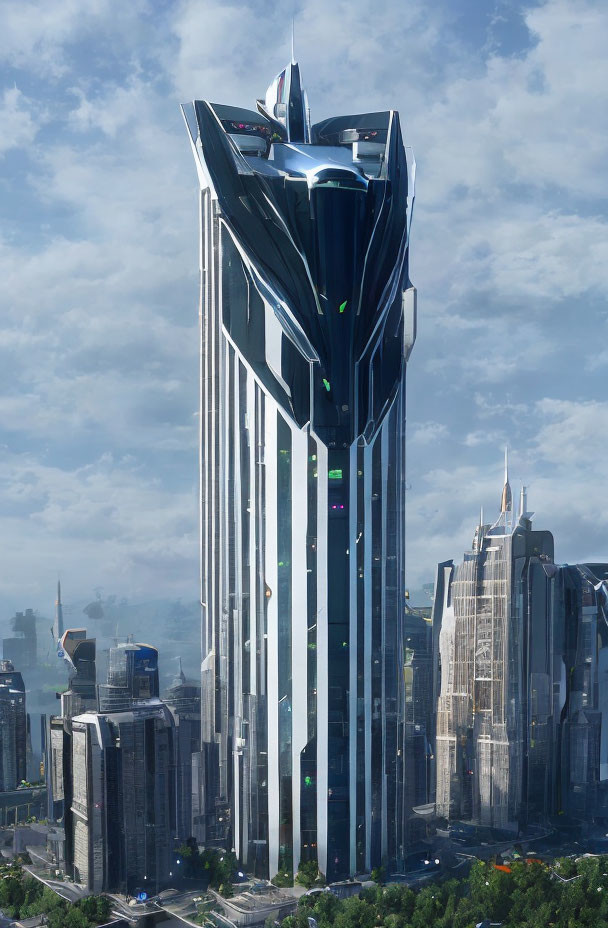 Modern skyscraper dominates cityscape with sleek lines and dynamic angles