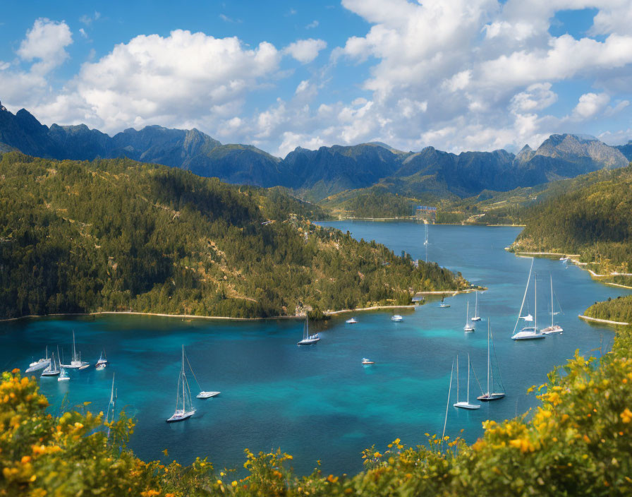 Tranquil blue lake with sailboats, forested hills, and cloudy sky