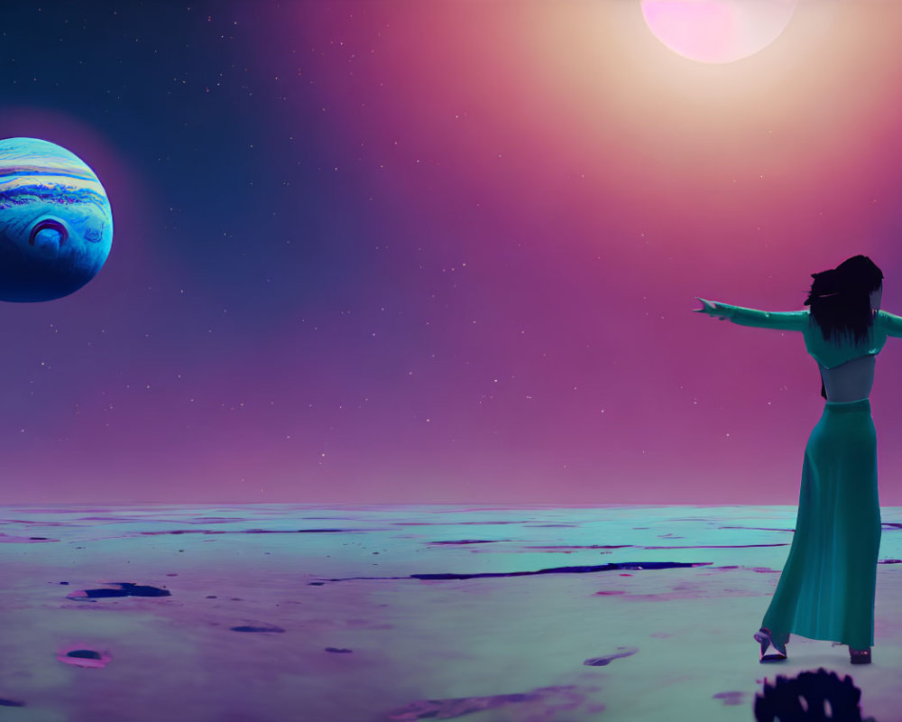 Woman standing on surreal alien landscape with outstretched arms gazing at large planet and pink sun in