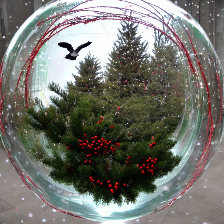 Bird flying over pine branches with red berries in a festive winter scene.