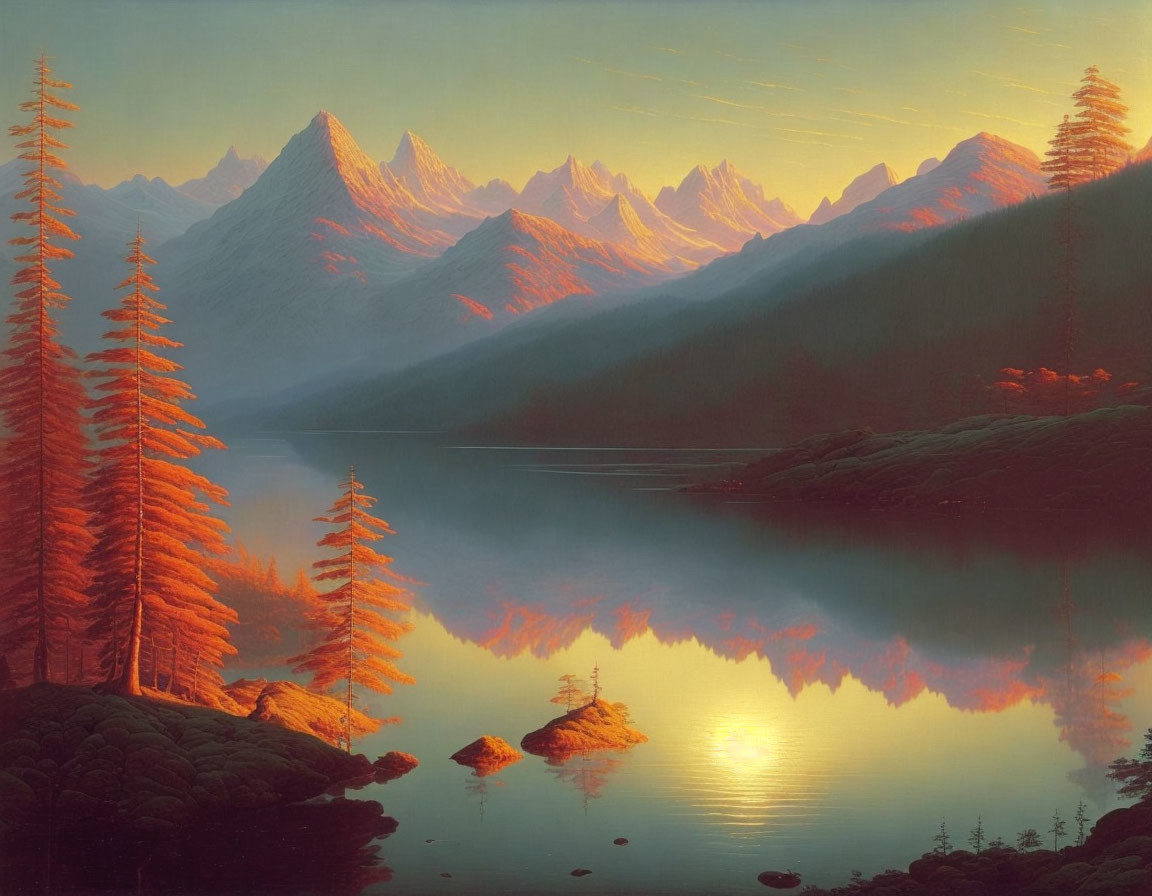 Tranquil sunset mountain landscape with orange hues, mirrored on calm lake