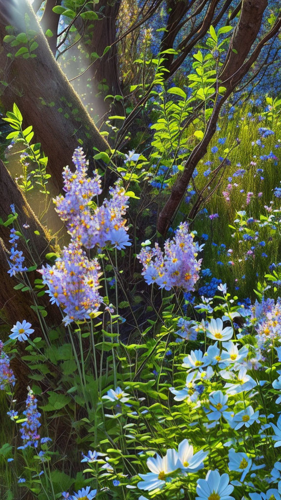 Verdant forest with blue and white wildflowers under sunlight