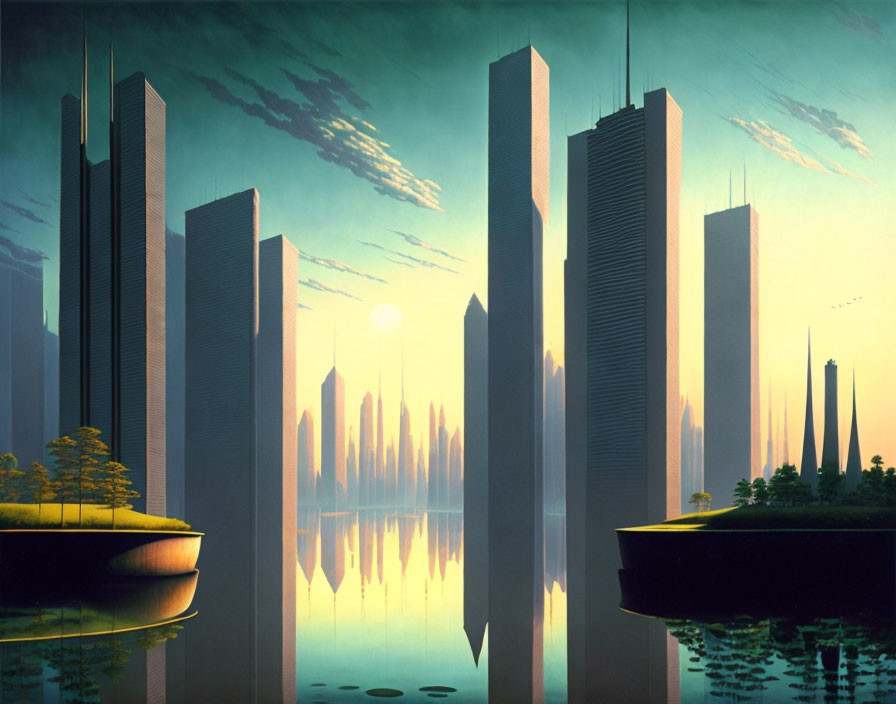 Tranquil futuristic cityscape at sunset with mirrored skyscrapers.