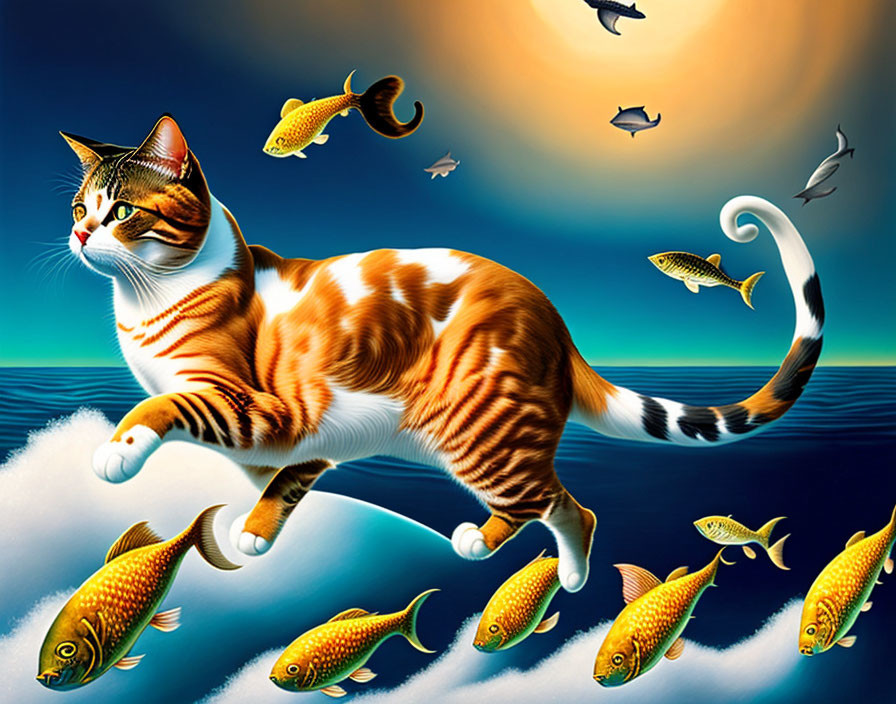 Tabby cat walking among flying fish with sun and sea backdrop