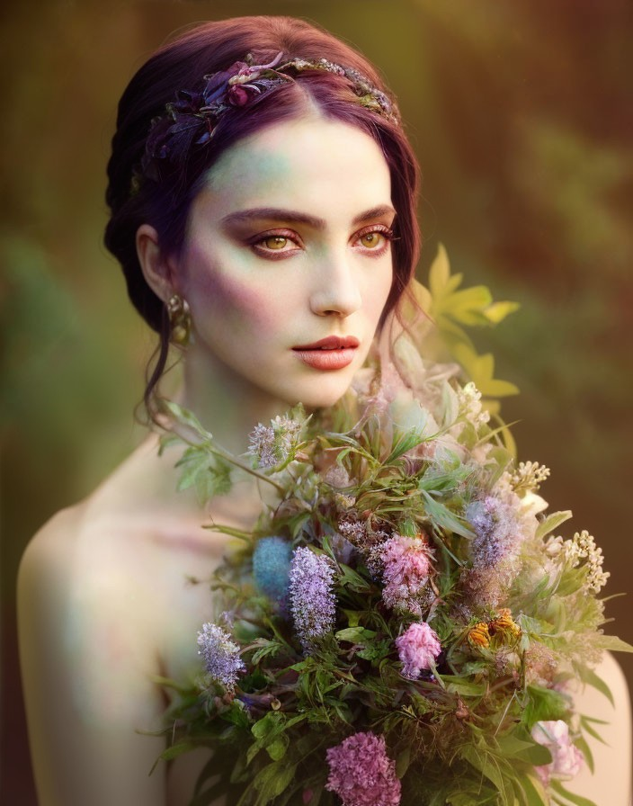 Woman with floral crown and bouquet, soft-focus background