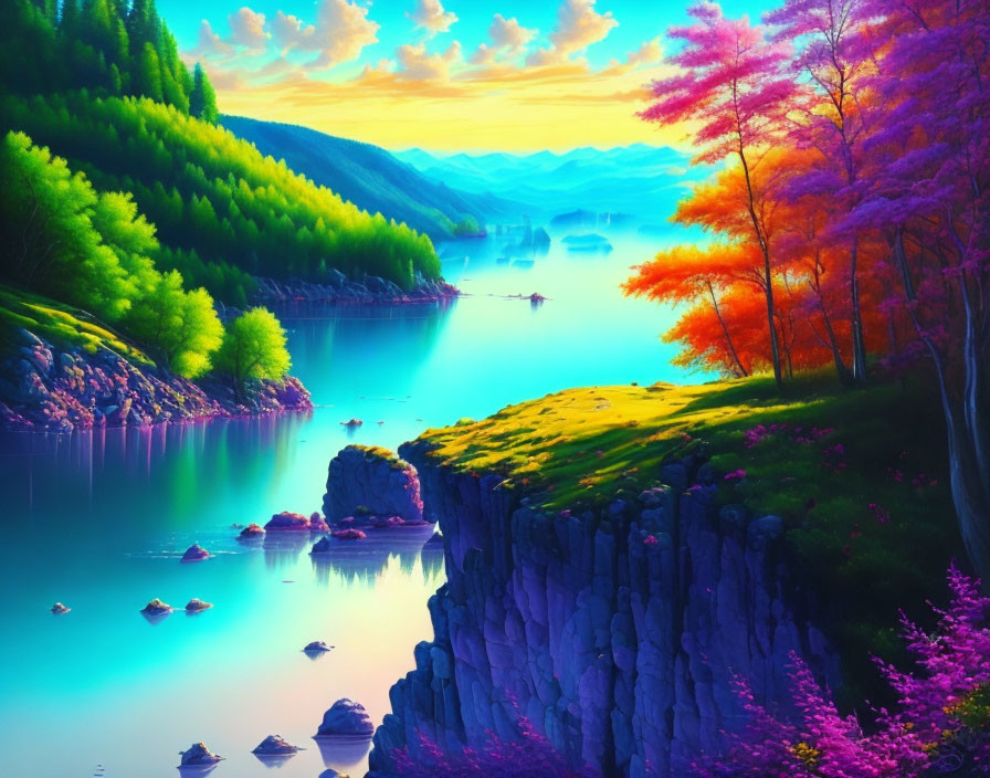 Colorful Trees and Rocky Cliffs in Serene River Landscape