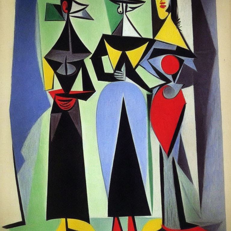 Cubist painting featuring three figures in green, black, yellow, red, and grey palette