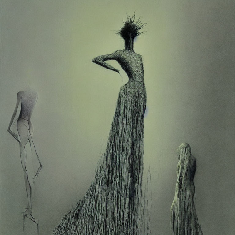 Abstract surreal artwork: Three elongated humanoid figures with textured surfaces on muted background