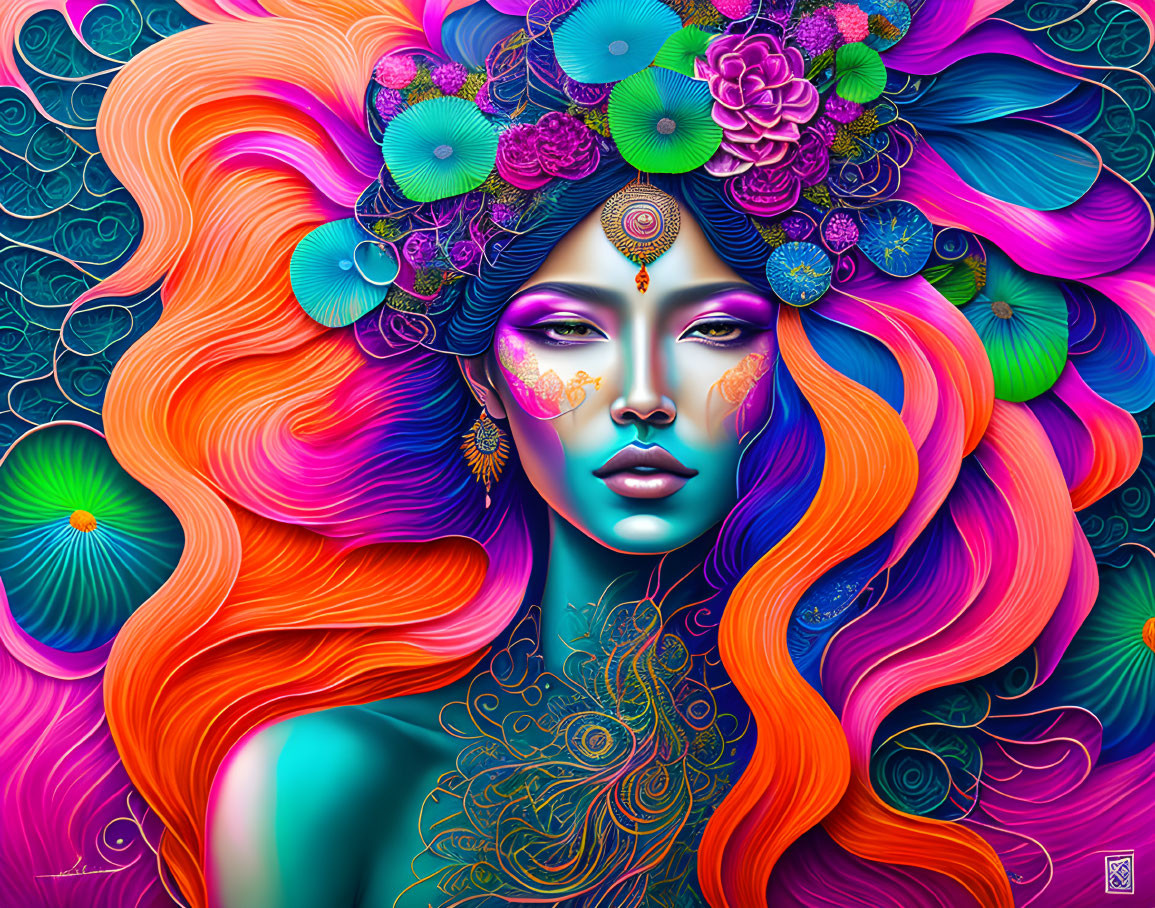 Colorful illustration of woman with floral headpiece and body art