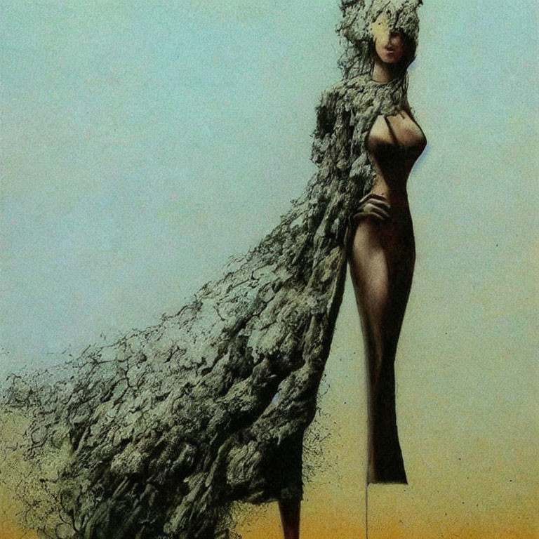 Elongated woman in textured gown against rocky backdrop