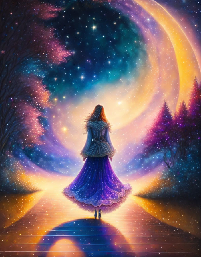 Woman in flowing dress on luminous path towards cosmic vortex with stars and moon