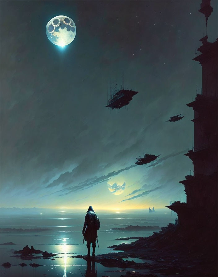 Lone figure under night sky with two moons facing futuristic landscape