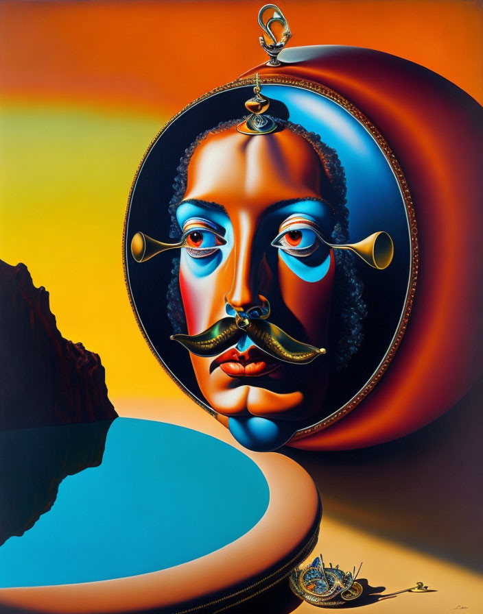 Surreal portrait: face merged with pocket watch against sunset sky, mountains, water - vibrant colors