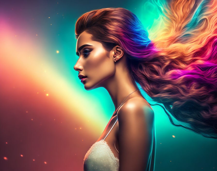 Vibrant Rainbow Hair Woman on Cosmic Background