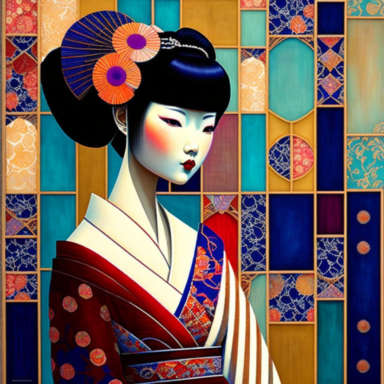 Detailed Geisha Illustration in Kimono with Elaborate Hair and Makeup