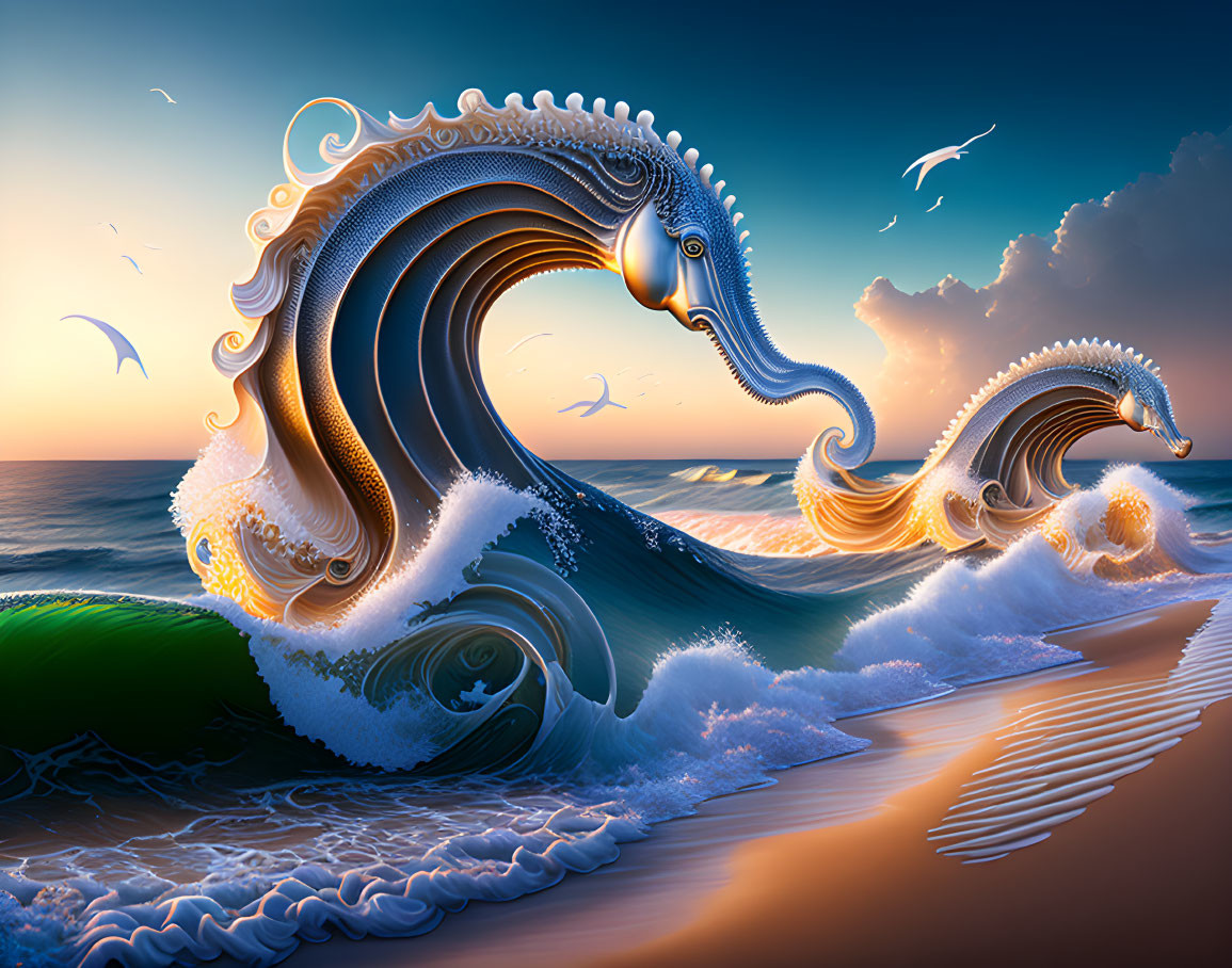 Majestic sea-horse shapes in ocean waves at sunset