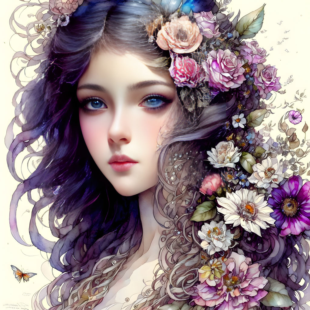 Illustrated portrait of woman with purple hair, blue eyes, colorful flowers, and butterfly