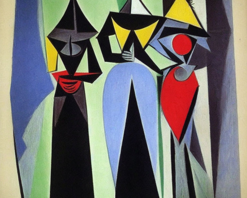 Cubist painting featuring three figures in green, black, yellow, red, and grey palette