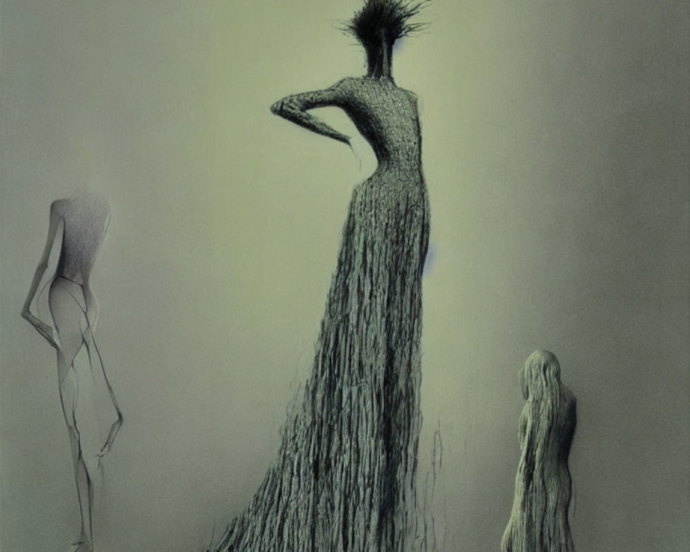 Abstract surreal artwork: Three elongated humanoid figures with textured surfaces on muted background