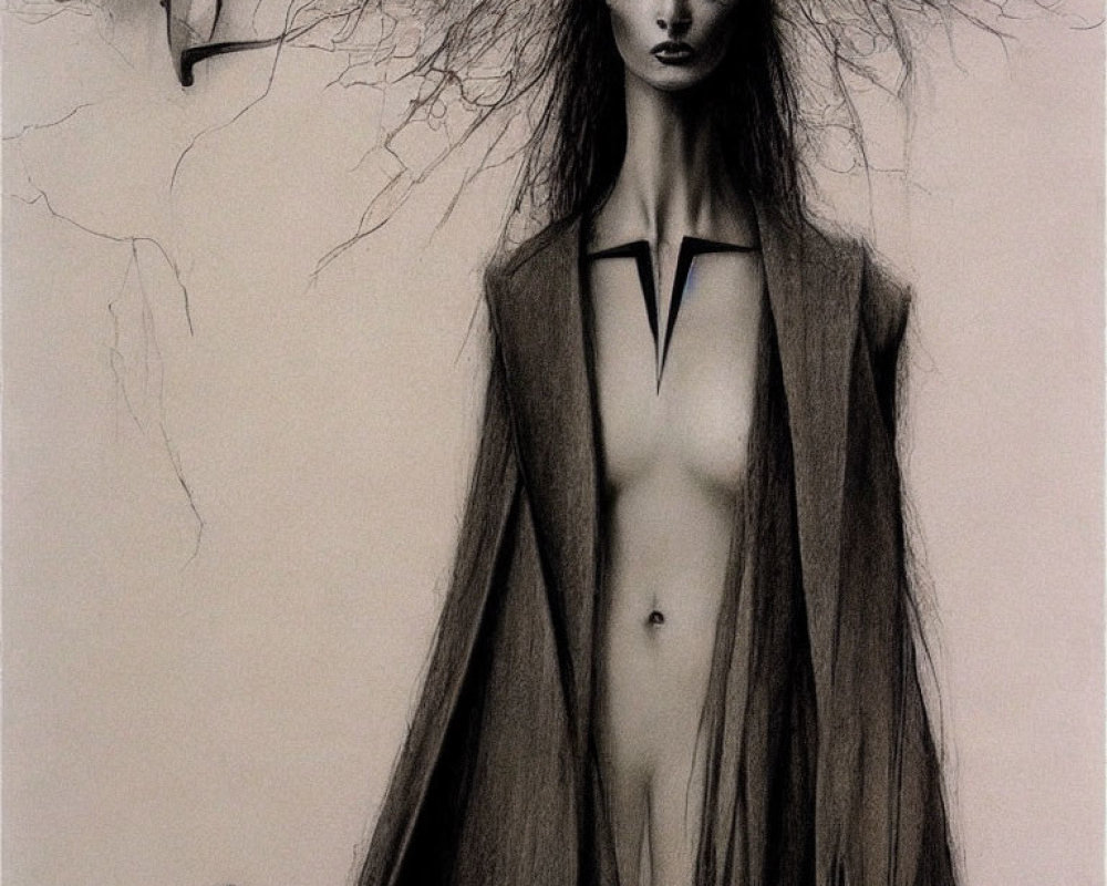 Monochrome illustration of towering female figure with long, wild hair