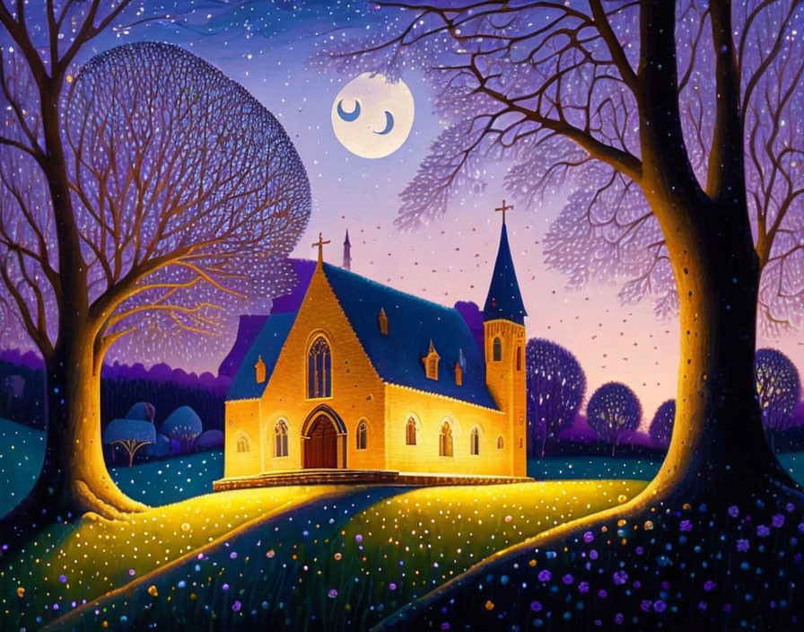 Night scene with warmly lit church, bare trees, vibrant nature, crescent moon, and stars.