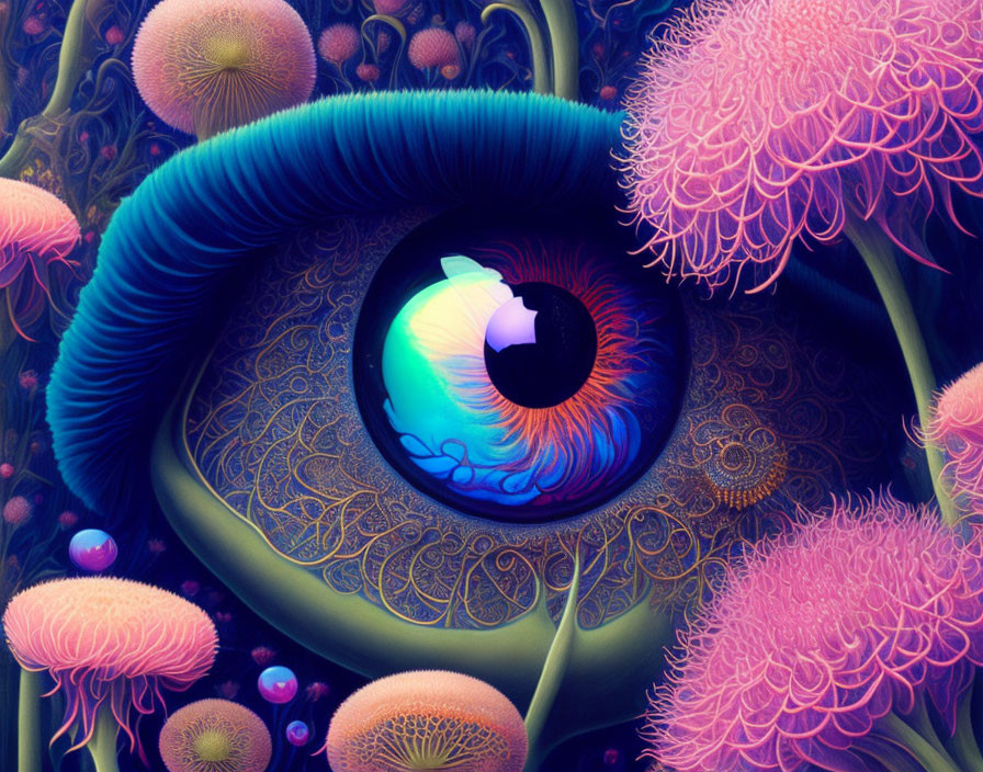 Detailed Eye Surrounded by Fantastical Flora and Glowing Orbs