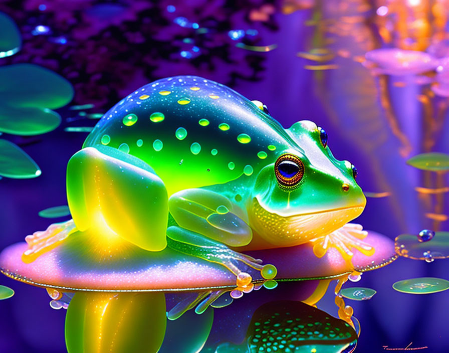 Colorful digital artwork: Frog on leaf with water droplets & purple hues