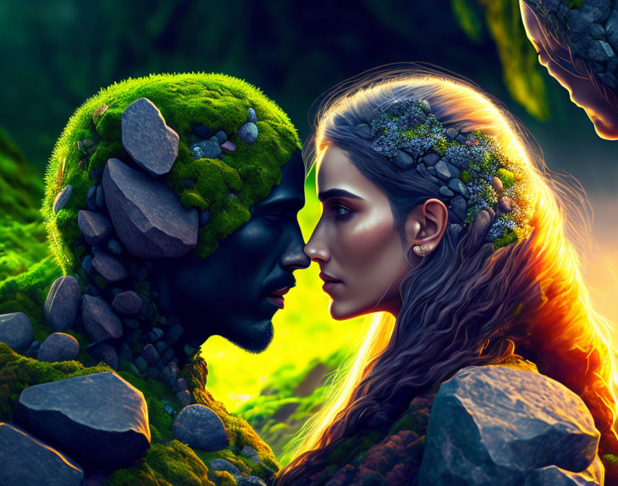 Fantastical nature-themed figures in mossy stone and human-like designs against vibrant green backdrop