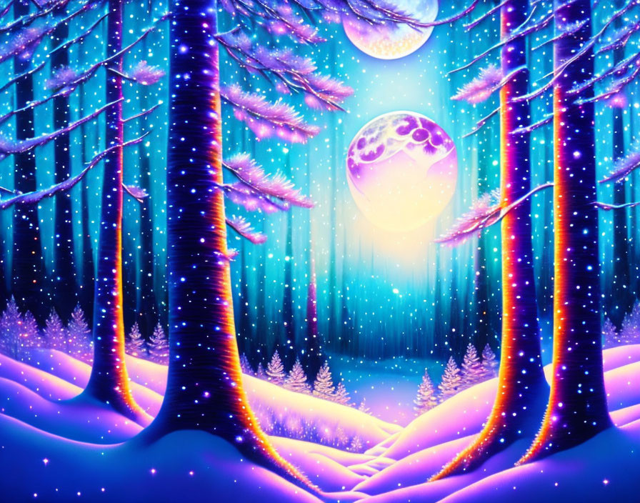 Snowy neon-lit forest scene with large glowing moon at night