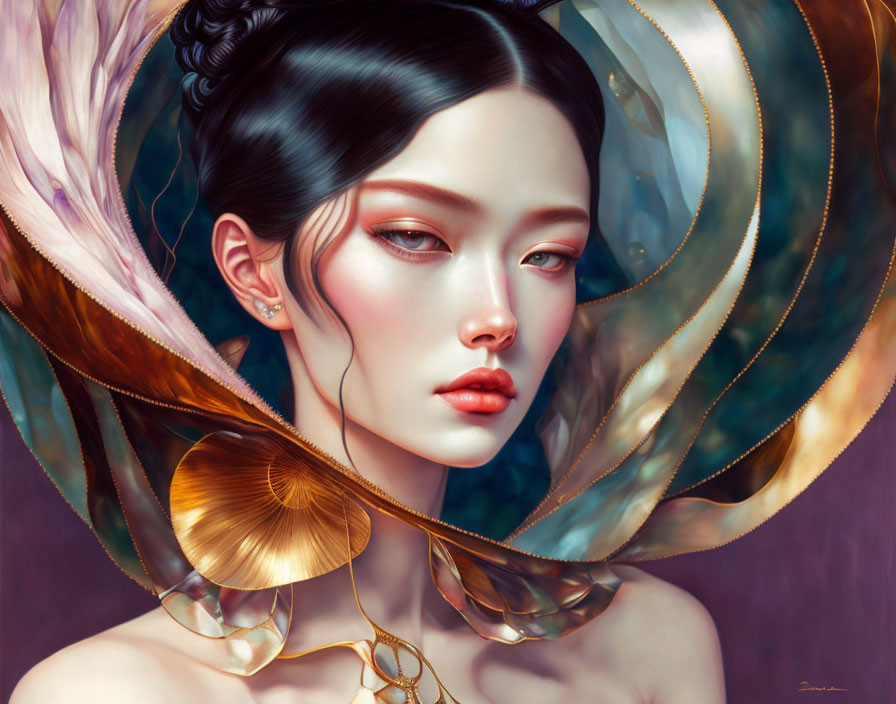 Stylized portrait of a woman with sleek bun and gold accessories