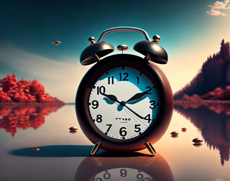 Classic Alarm Clock in Surreal Dreamlike Landscape with Reflective Water and Forest Sky