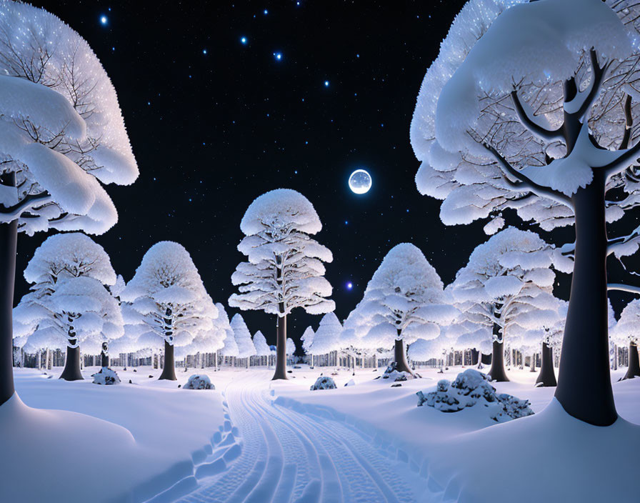 Snowy Night Landscape: Snow-Covered Trees, Starry Sky, Bright Moon