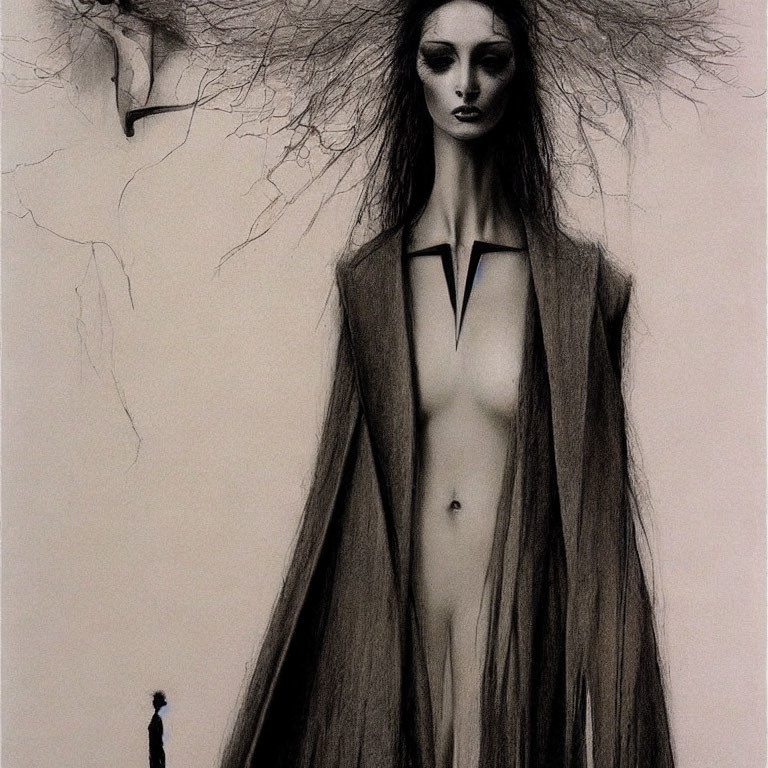Monochrome illustration of towering female figure with long, wild hair