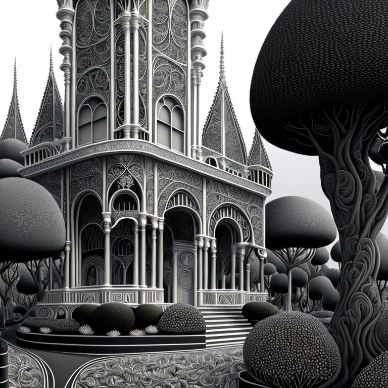 Detailed Monochrome Gothic Castle and Trees with Surreal Design