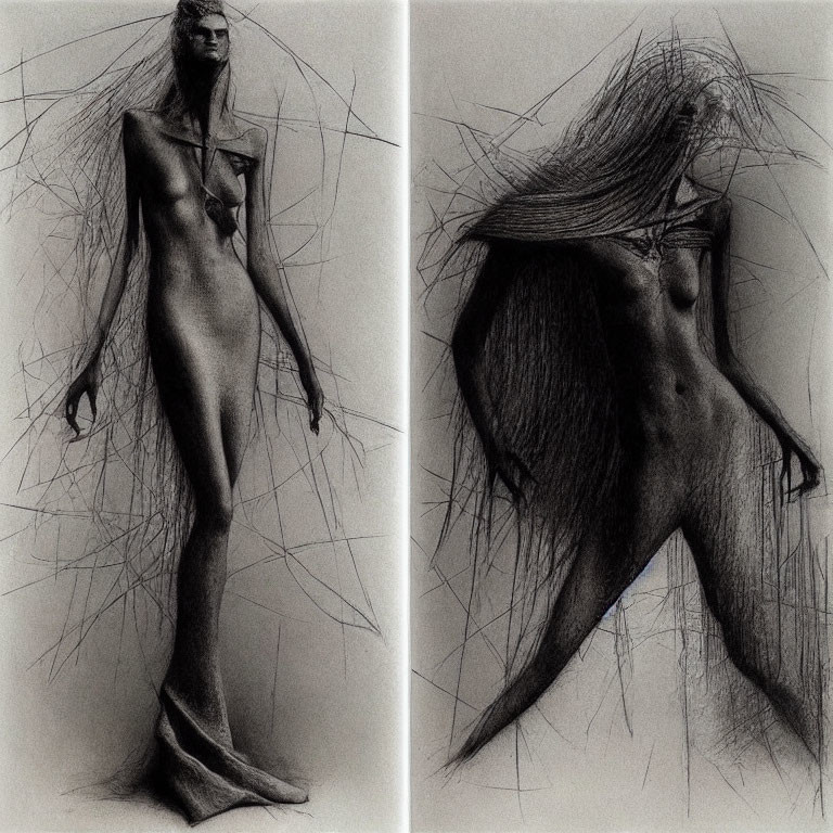 Surreal graphite drawing of figure with elongated limbs and branch-like hair.