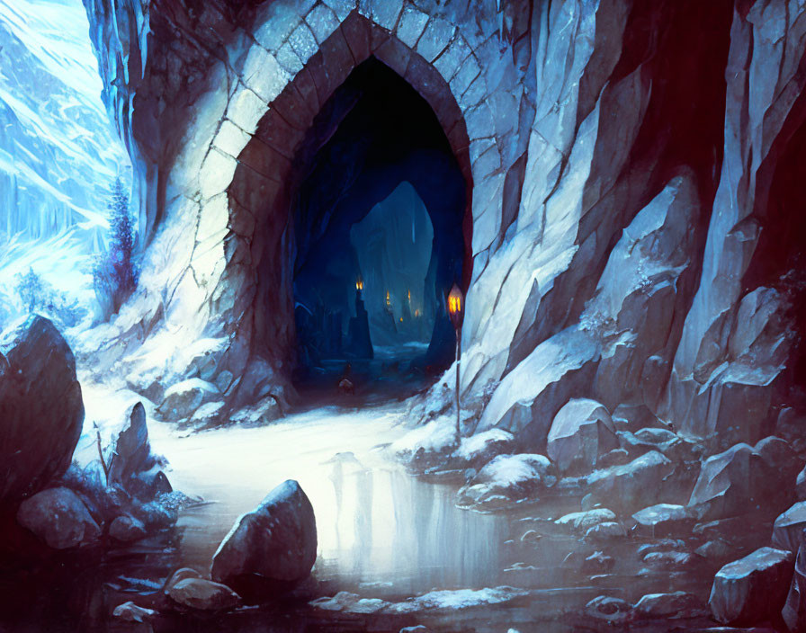 Mystical ice cave with glowing entrance and torch-lit path