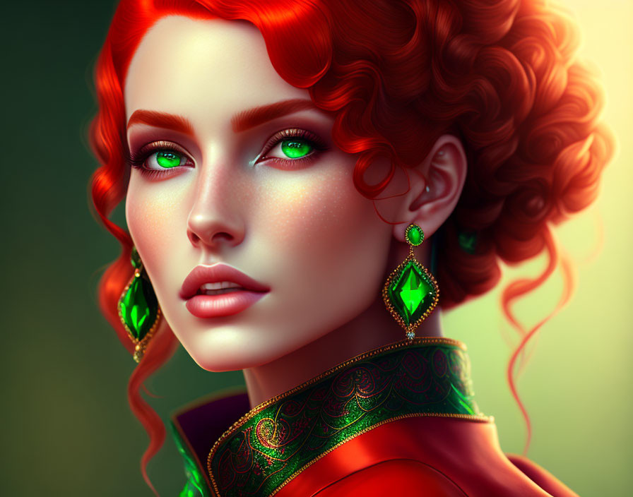 Vibrant red-haired woman portrait with emerald green eyes on soft green background