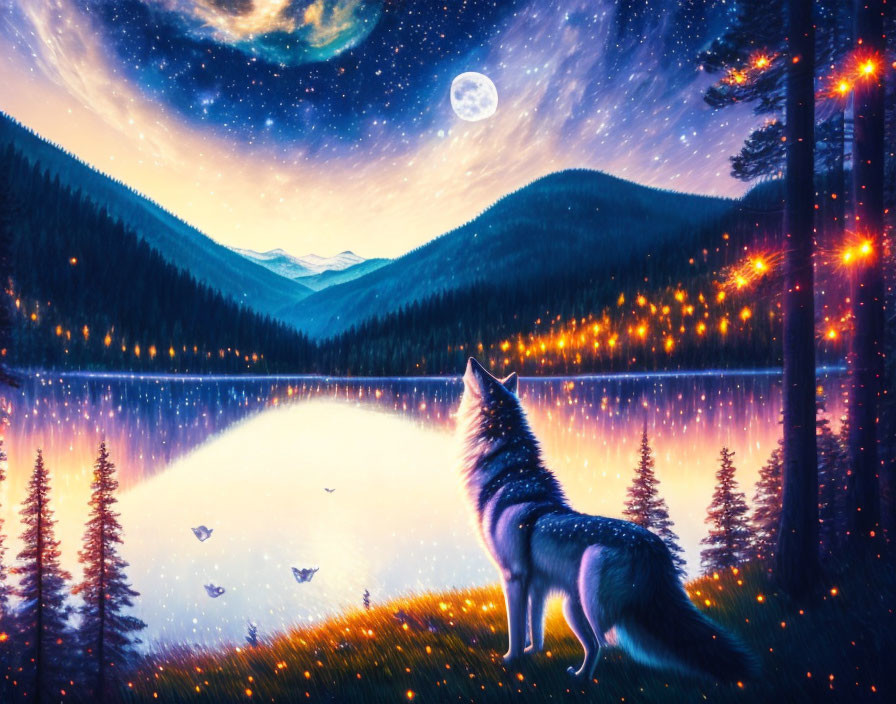 Wolf howling at lakeside under starry night sky with moon and nebula