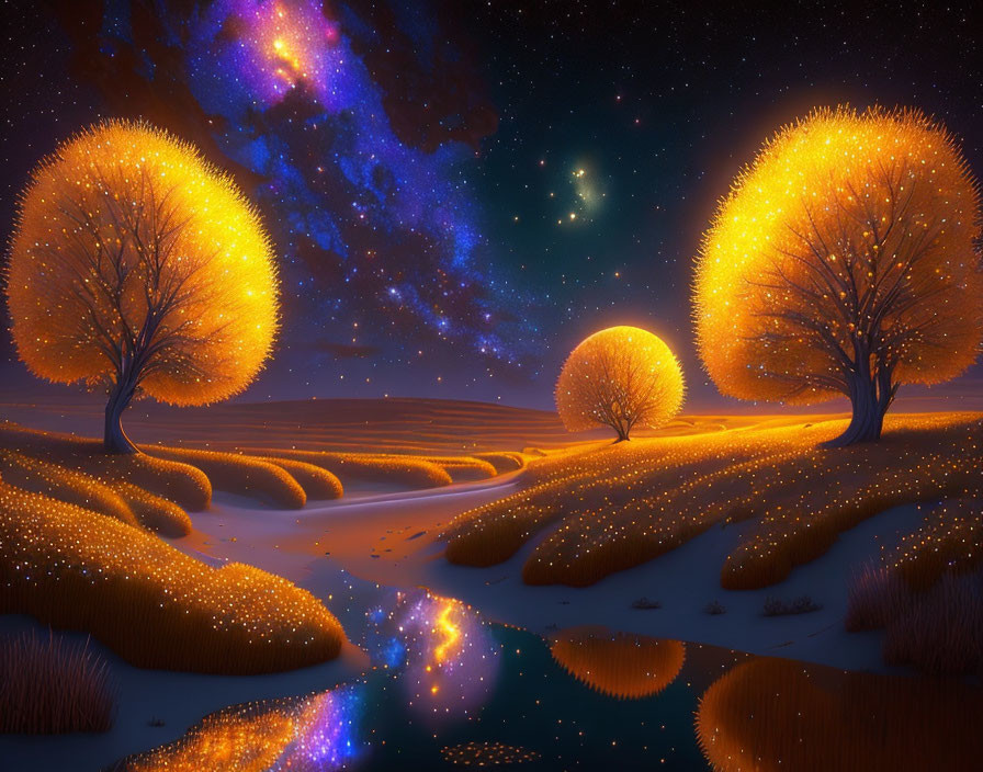 Tranquil autumn night scene with glowing trees and starlit sky