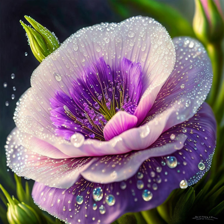 Close-up of Pink and Purple Flower with Dewdrops