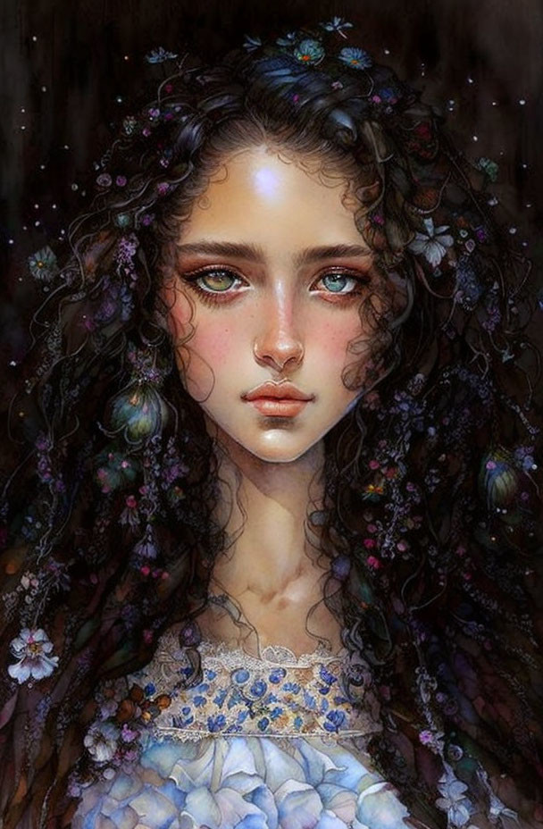 Young woman with blue eyes and floral hair in starry portrait