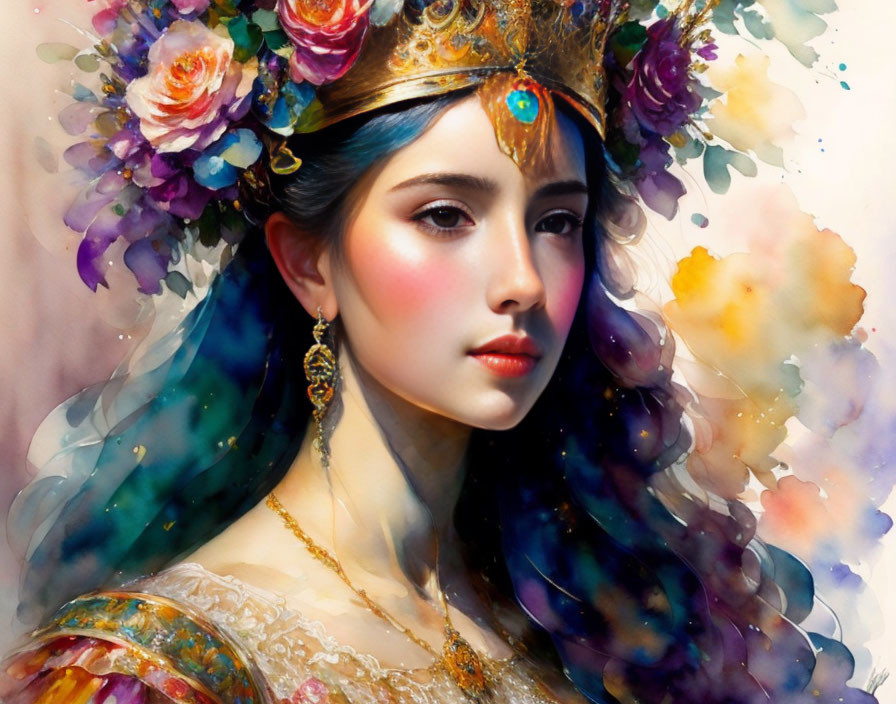 Regal Woman Portrait with Floral Crown and Gold Jewelry