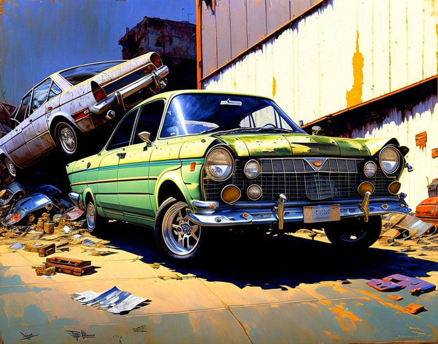 Illustration of vibrant green car in junkyard with rusted car in background.