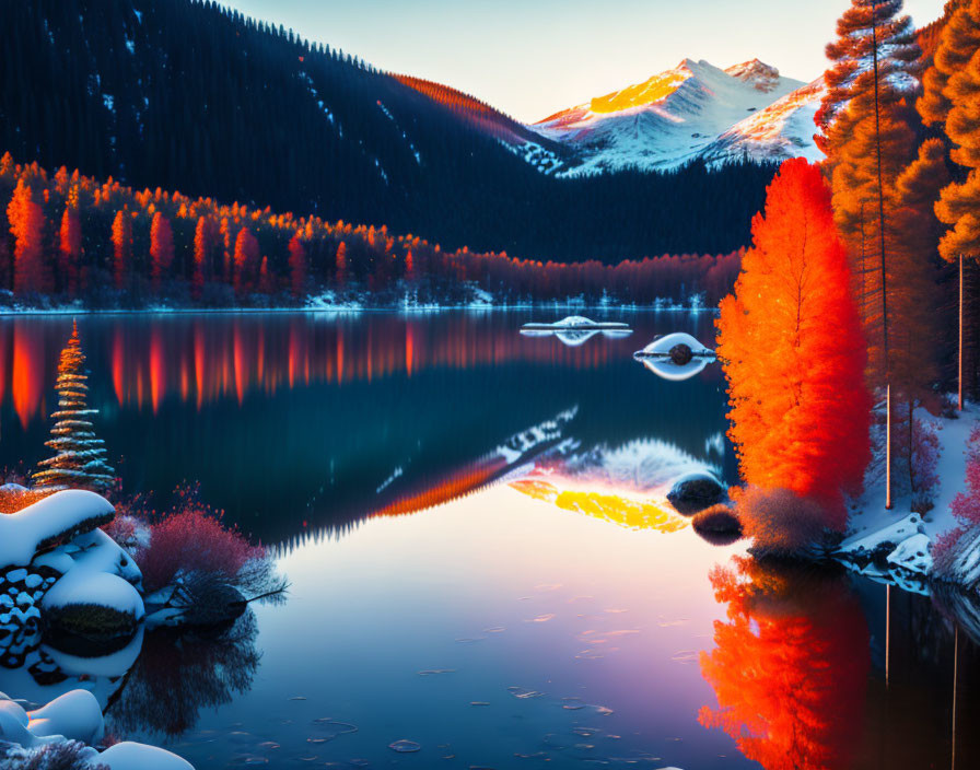 Vibrant Autumn Trees by Calm Lake with Snowy Peaks at Sunrise