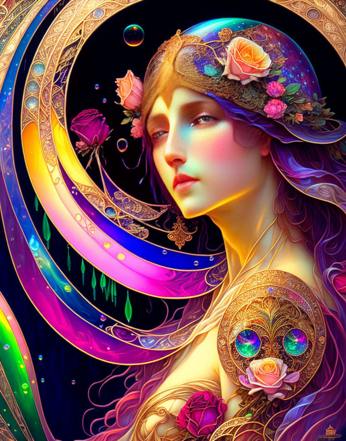 Colorful artwork of a woman with floral headpiece and cosmic background